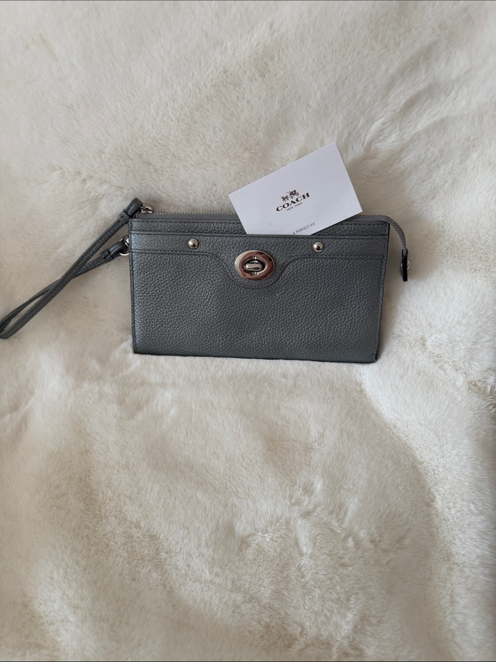 Coach Gray Pebbled Leather Turn-Lock Wristlet